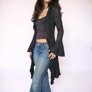 Vintage Y2K Kessley Co Black Ruffle Open Knit Cardigan Size M/L
